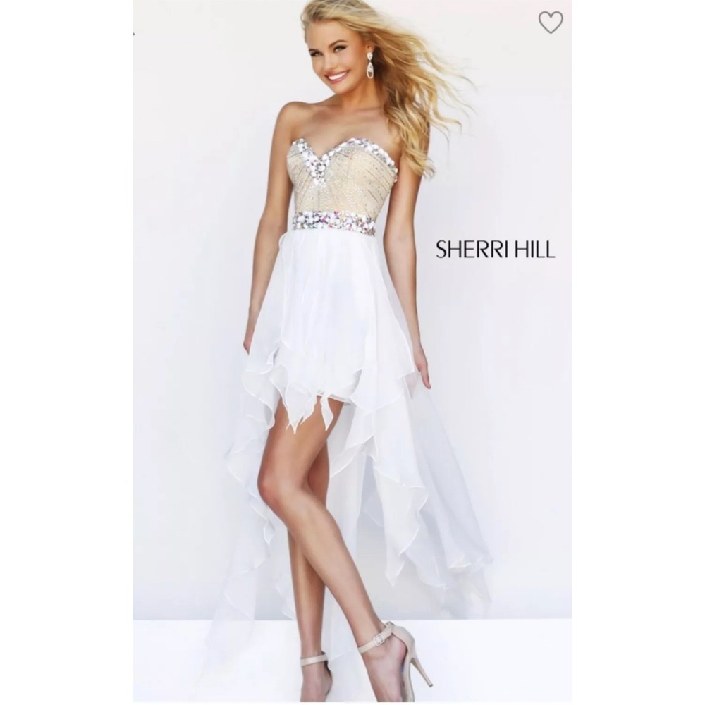 Sherri Hill Womens Dress 0 White Excellent High Low Sadie Robertson Embellished